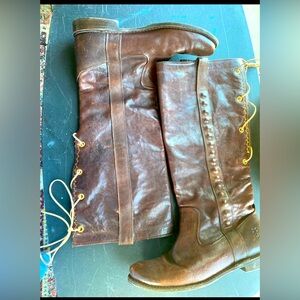 Frye size 7.5 upcycled/reworked w lace-up back Burgundy’s women’s leather boots